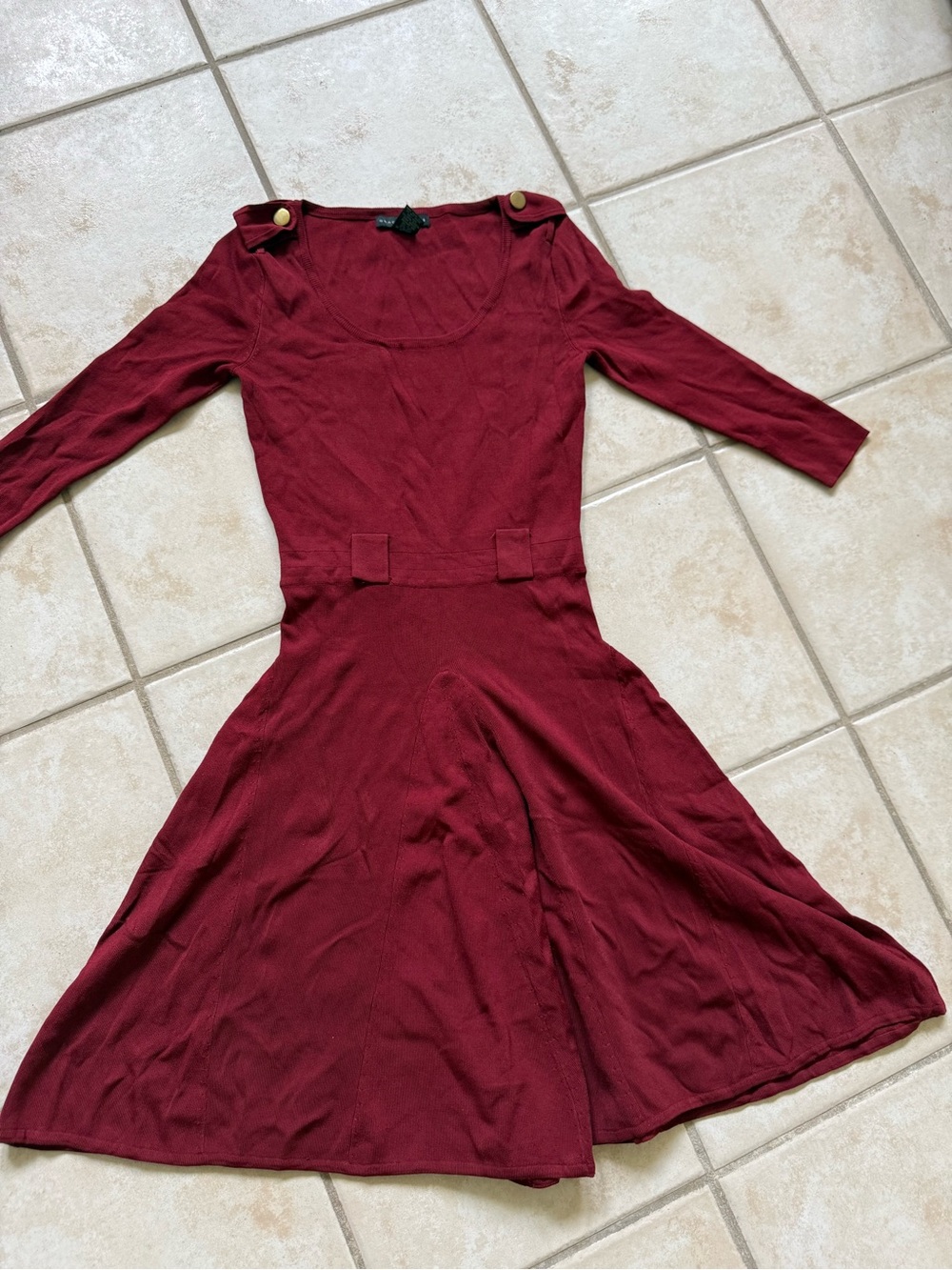 Women’s Burgundy Fit-and-Flare Dress with Button Shoulder Detail